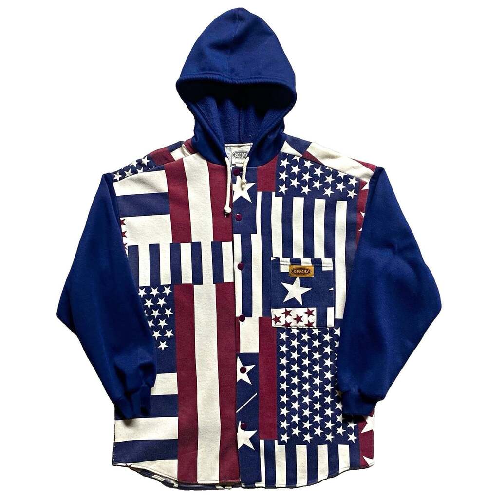 Vintage 90s REELAX American Flag Hoodie Patchwork Button Up Sweatshirt Jacket L